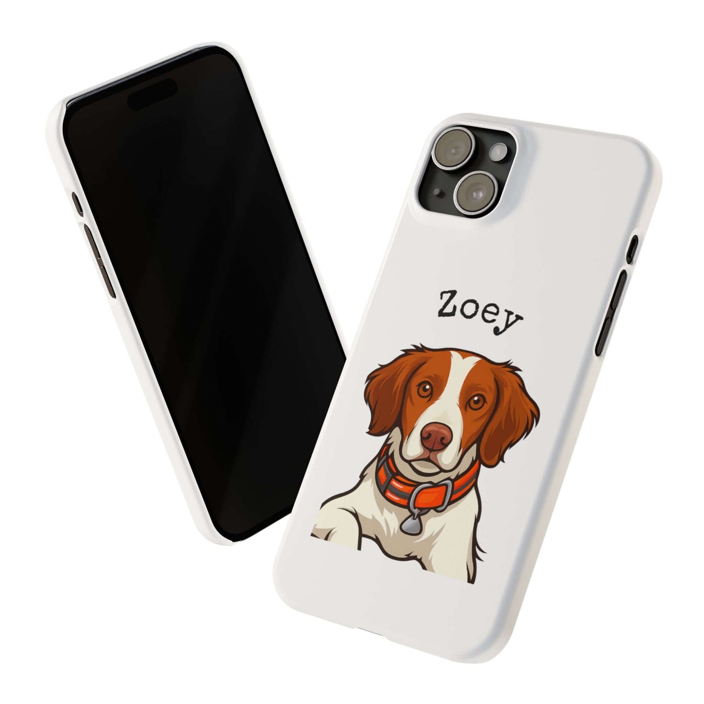 Custom cartoon dog phone case featuring a portrait of a dog named Zoey on a white background.