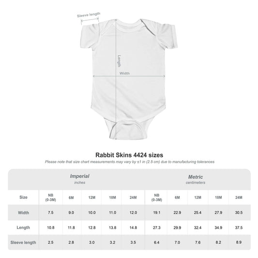 Size chart for Rabbit Skins 4424 customizable infant bodysuit, showing dimensions in inches and centimeters.