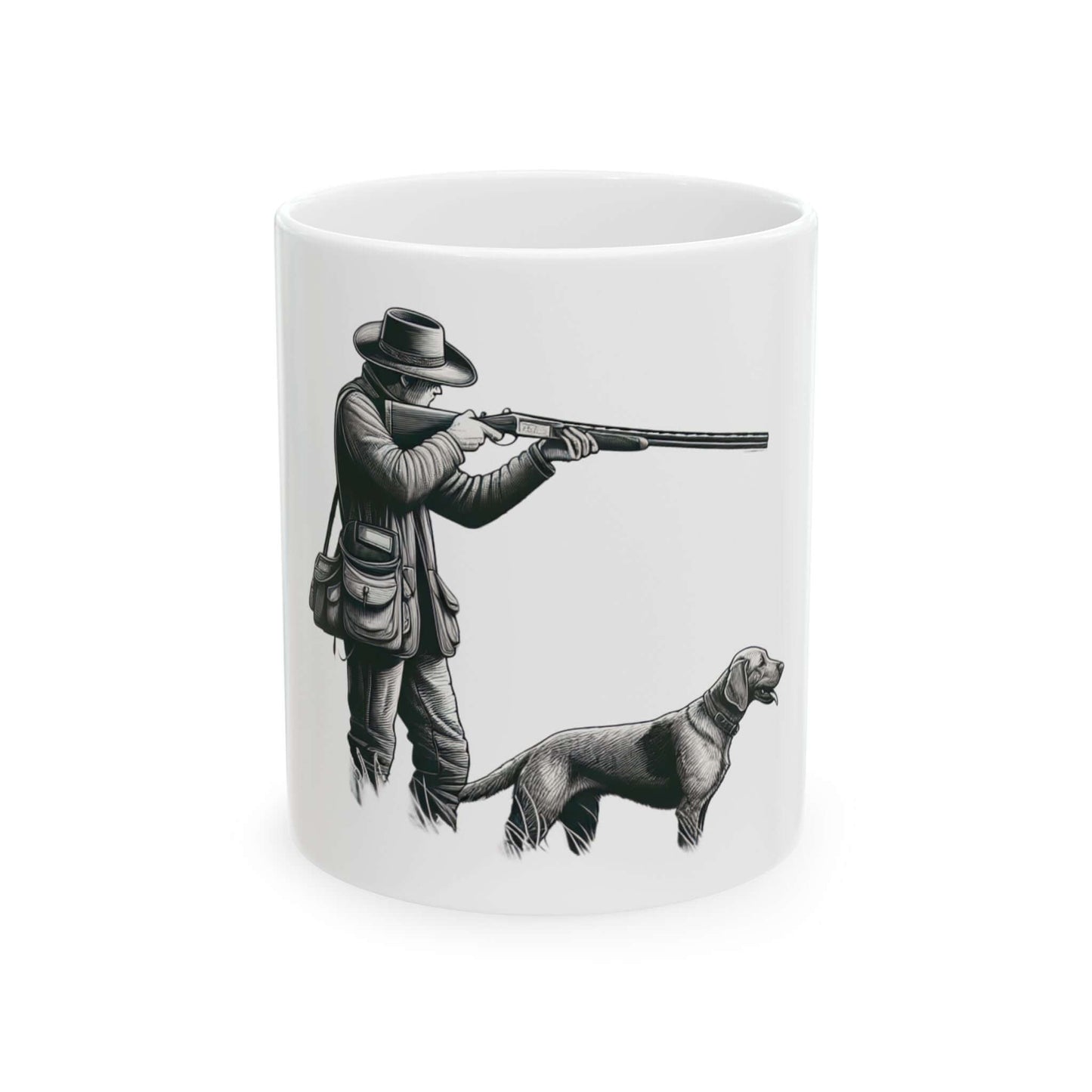 Personalized white hunting mug featuring a hunter with a rifle and a dog, perfect for outdoor coffee lovers.