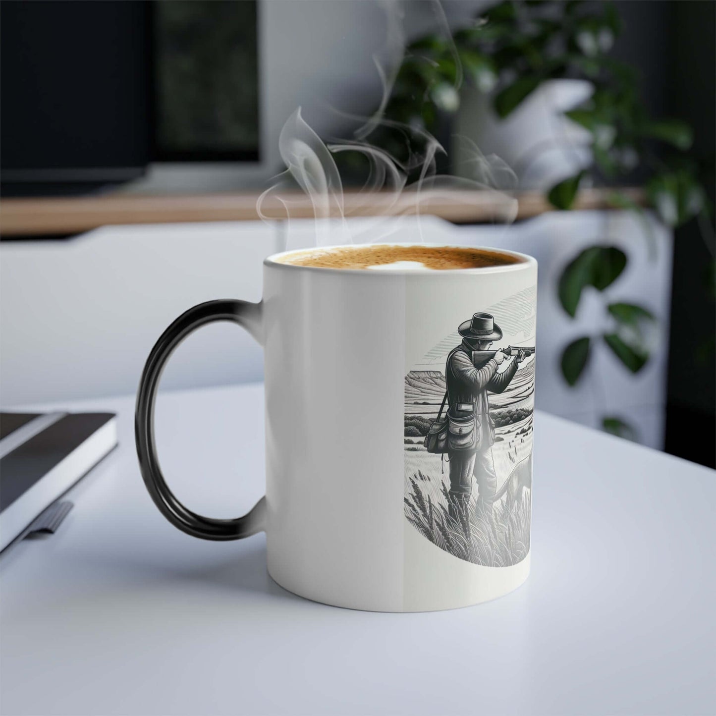 Personalized vintage outdoors coffee mug with heat-sensitive artwork, steaming and stylish for enthusiasts.