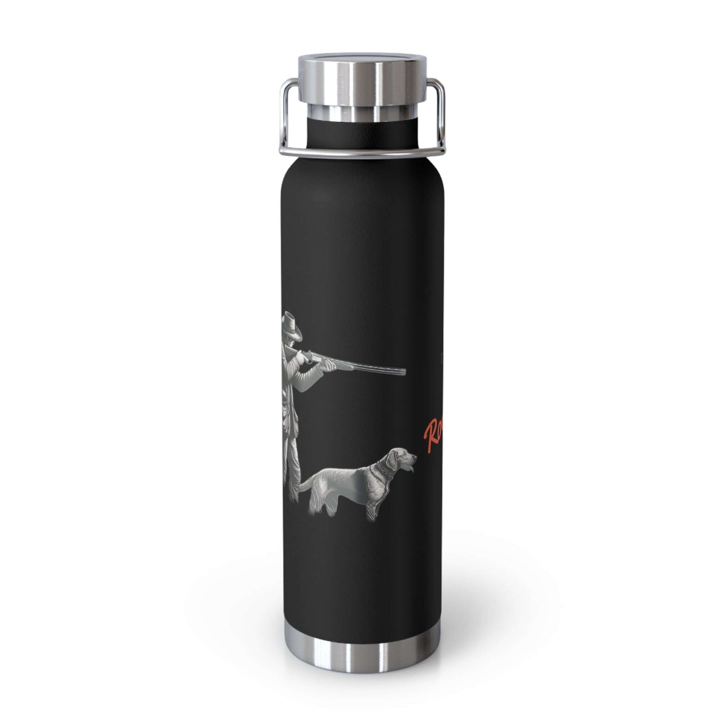 Personalized copper vacuum insulated bottle featuring a hunter and dog design, ideal for outdoor adventures.