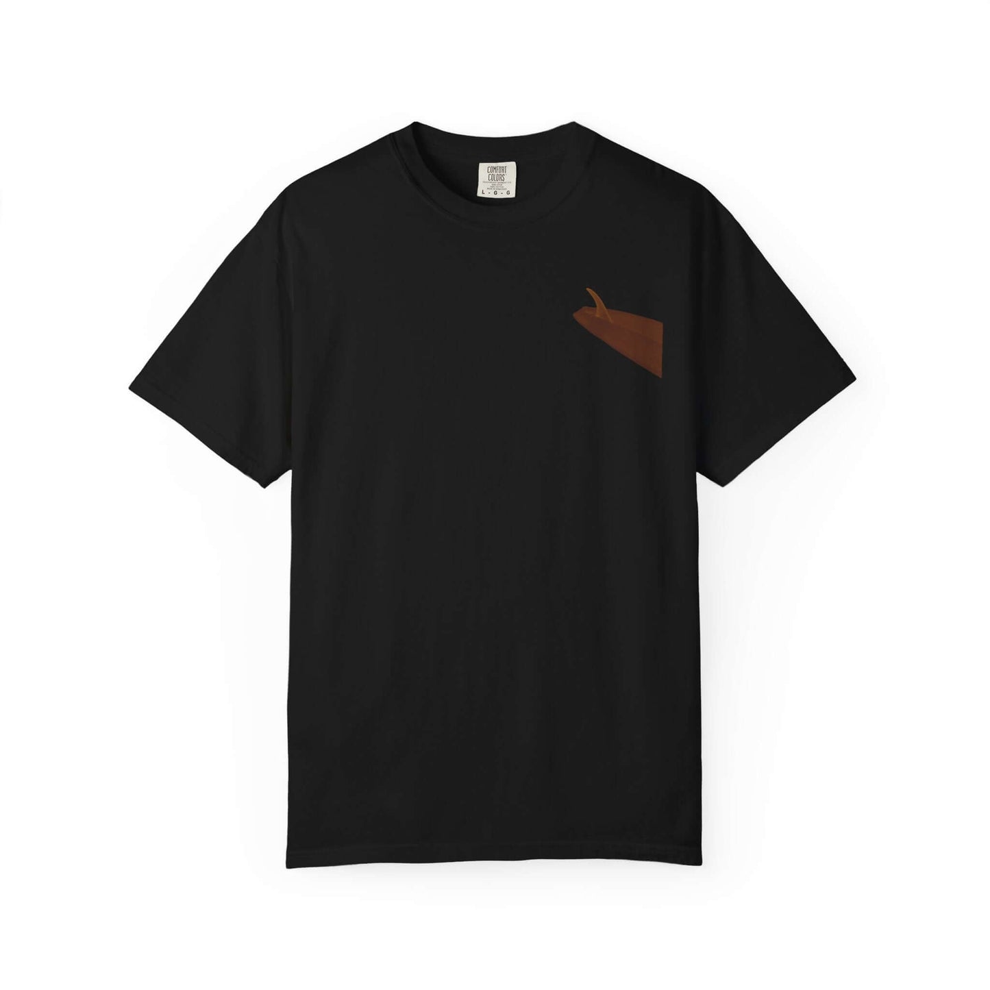 Personalized black t-shirt with a surf-inspired design on the left chest pocket, perfect for summer vibes and ocean lovers.