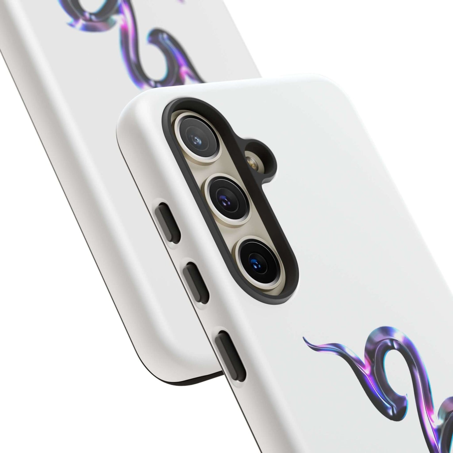 Personalized Zodiac phone case featuring a vibrant snake design in purple hues on a white background.