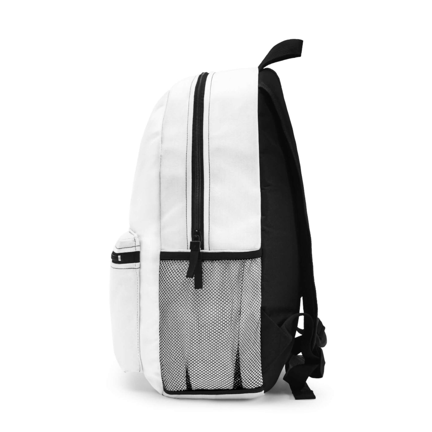 Stylish personalized backpack in white and black, featuring durable design and zipper pockets for everyday use.