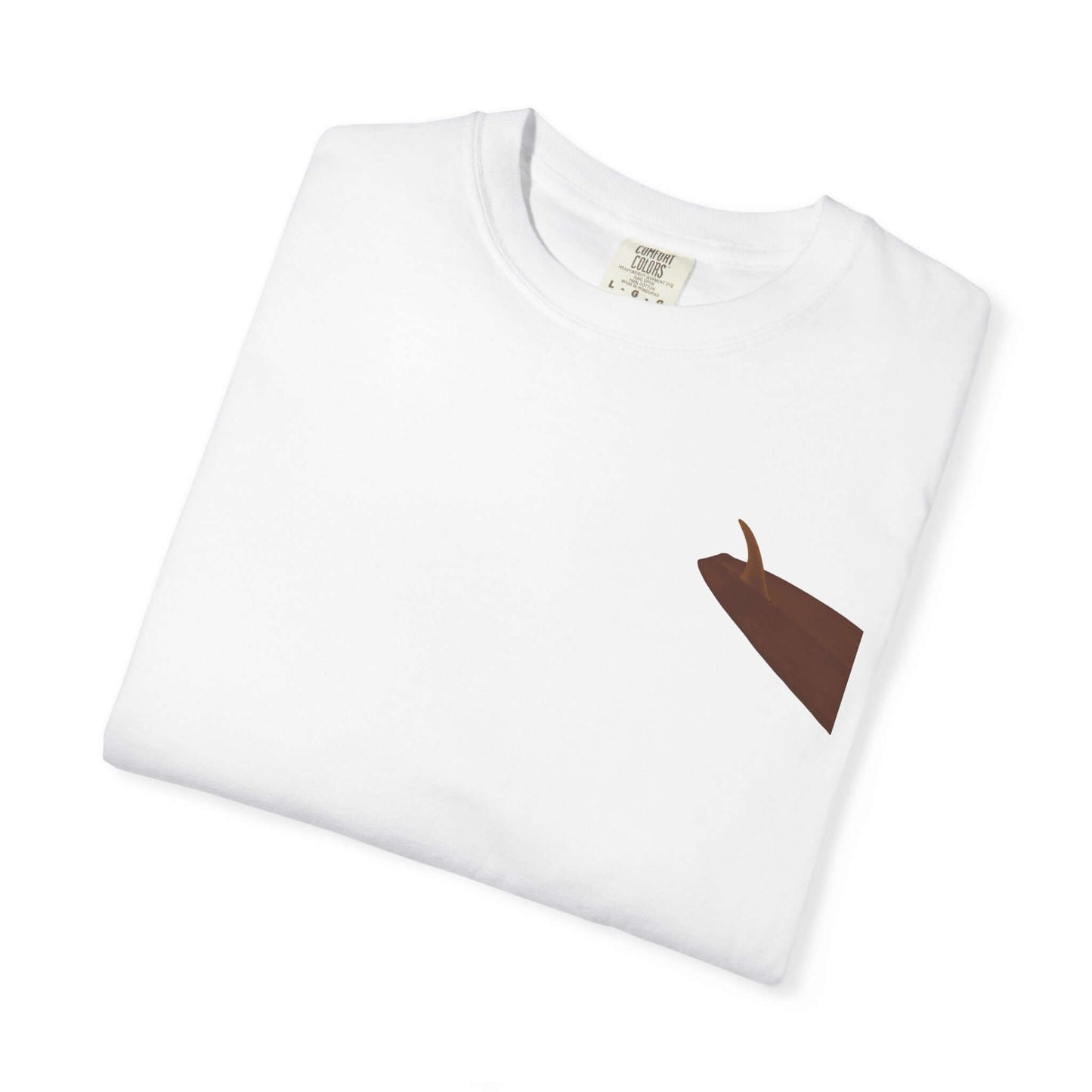 Folded white t-shirt with brown surfboard design on the chest, perfect for summer adventures.
