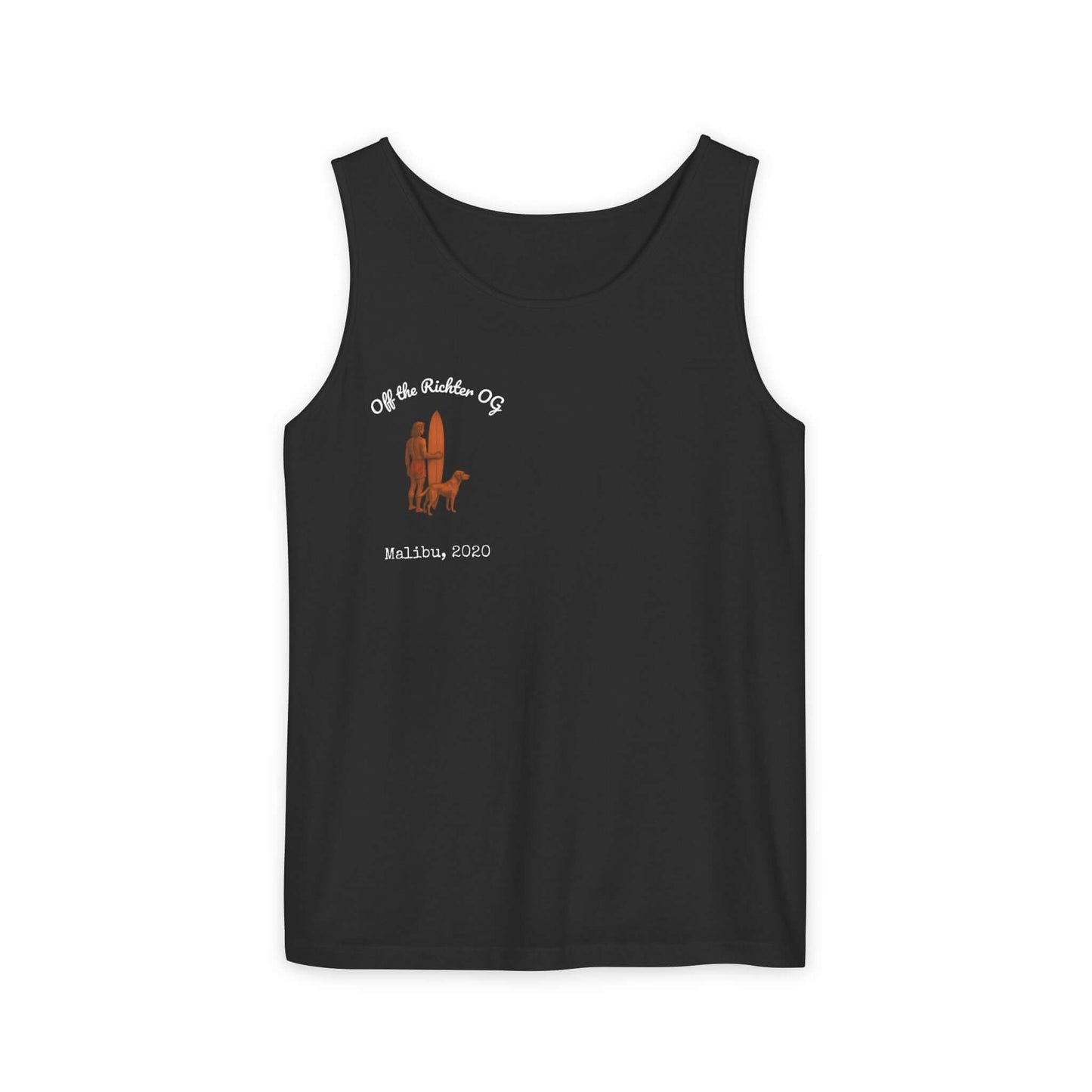 Personalized black surfing tank top featuring a dog and surfer design, perfect for beach lovers.