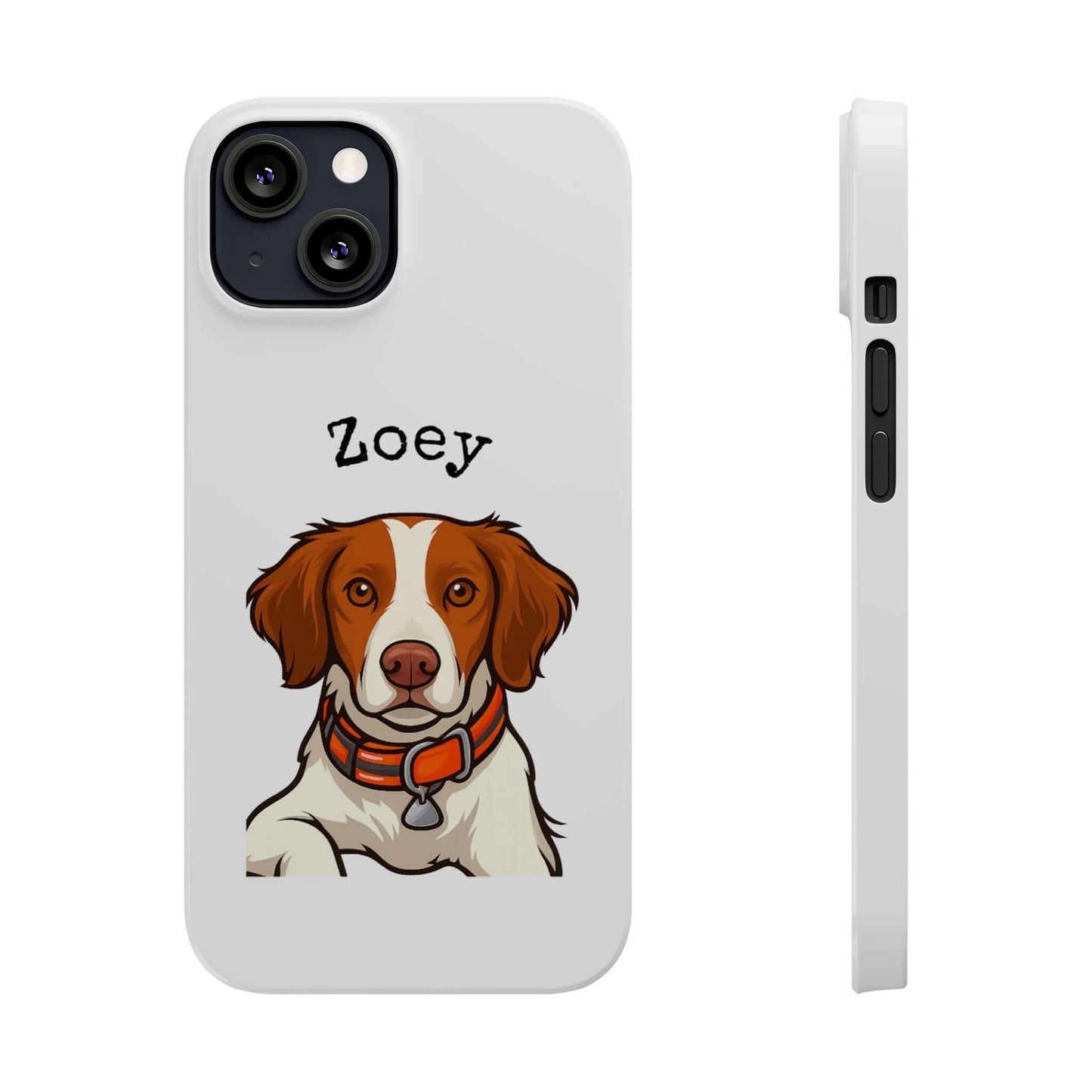 Custom cartoon phone case featuring a dog named Zoey with a glossy finish, perfect for dog lovers.