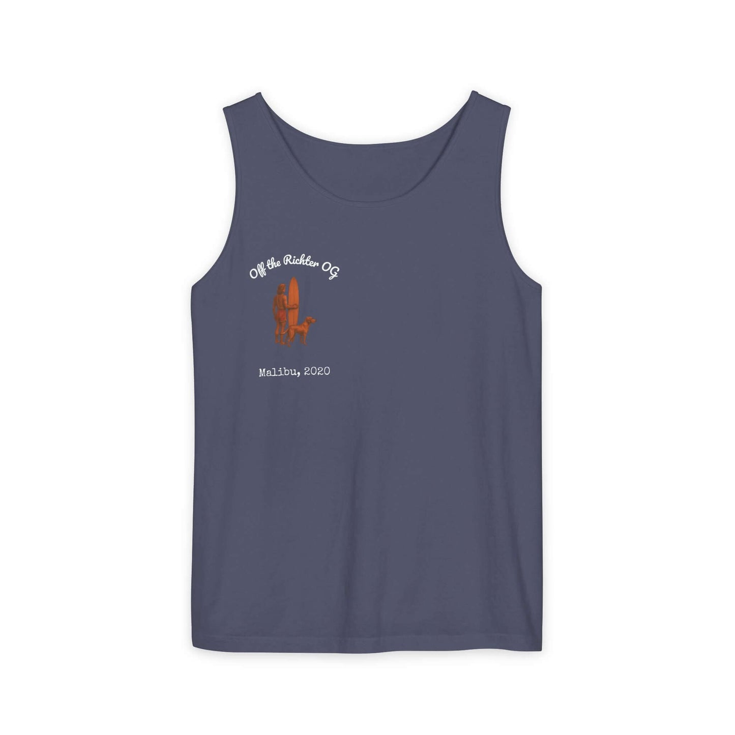 Personalized surfing tank top in navy blue featuring dog design, perfect for beach lovers and outdoor adventures.