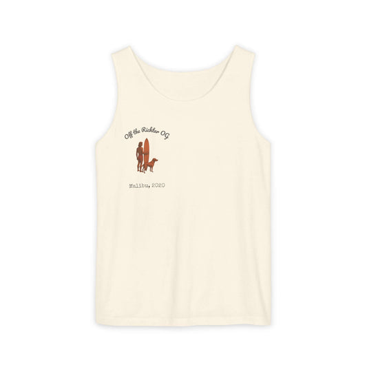 Personalized surfing tank top for dog lovers, featuring a surfer and dog graphic with 'Malibu 2020' text.