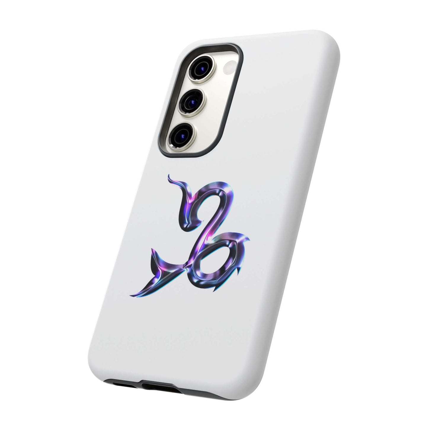 Personalized zodiac phone case featuring colorful Capricorn design on a sleek white background.