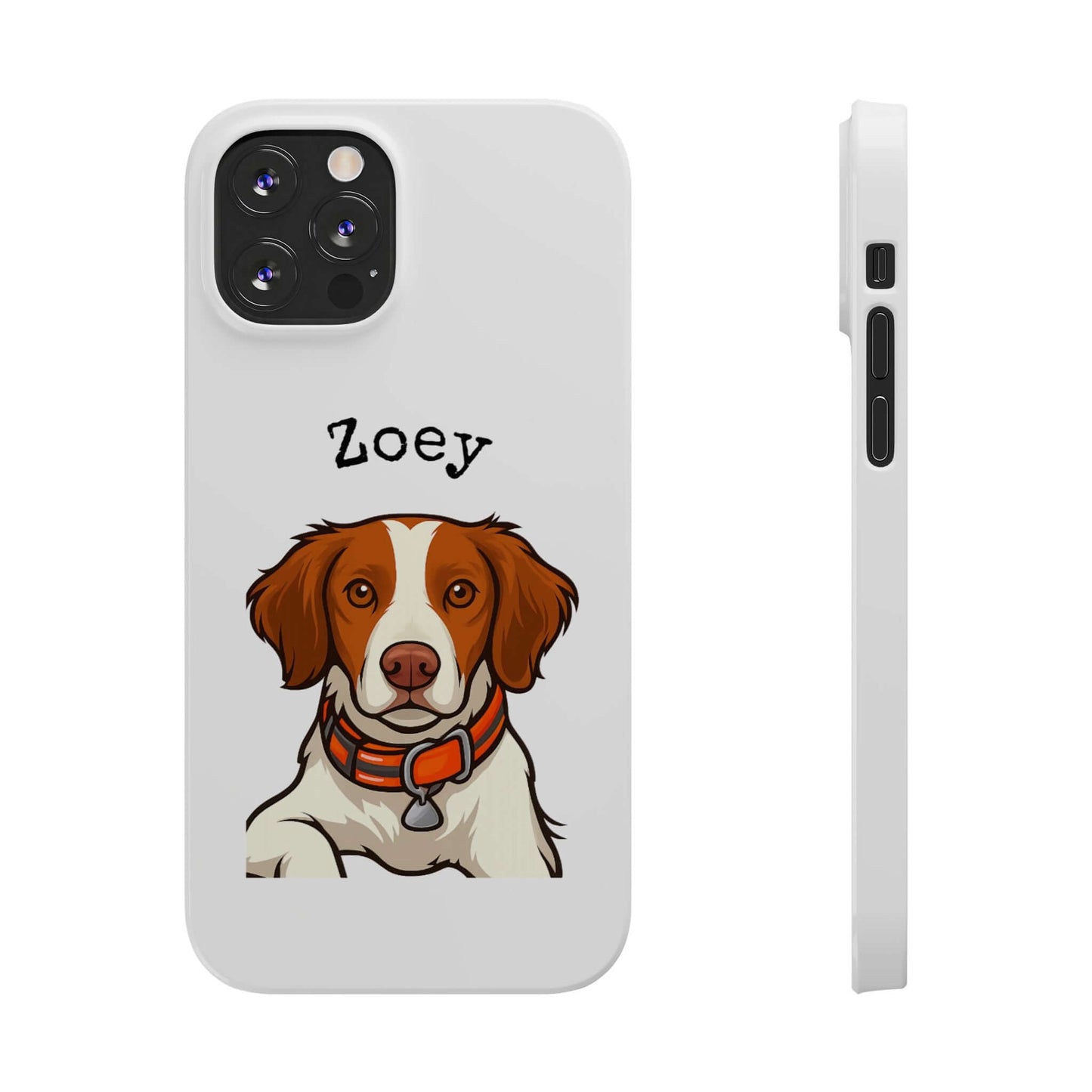 Custom cartoon white phone case featuring a playful dog illustration named Zoey.