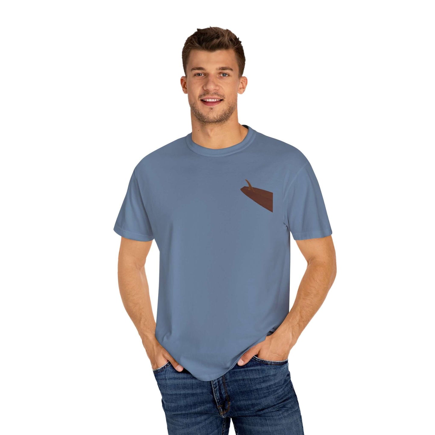 Man wearing a personalized surf-inspired t-shirt in blue, showcasing a fun and casual summer vibe.