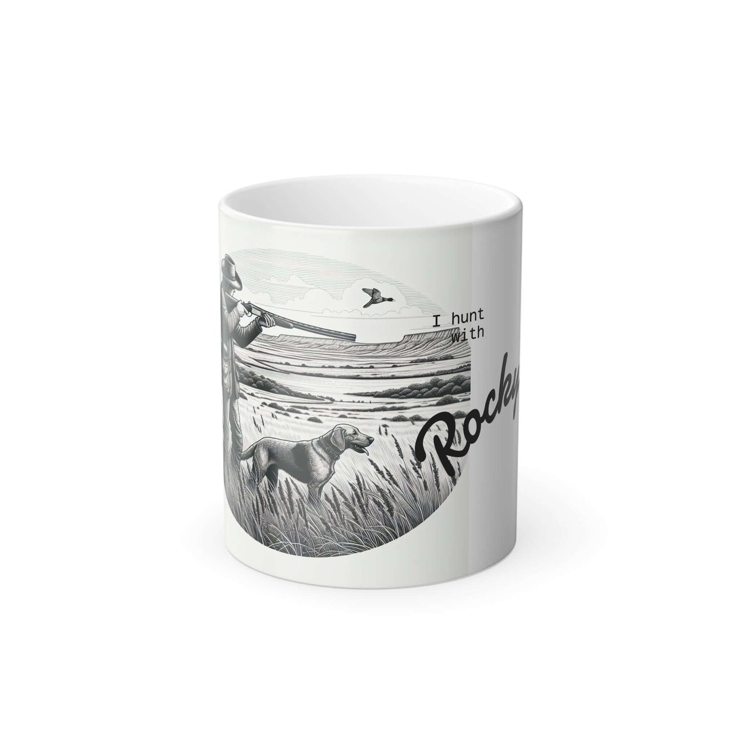 Personalized hunting coffee mug featuring a dog and a hunter in a scenic outdoor setting.