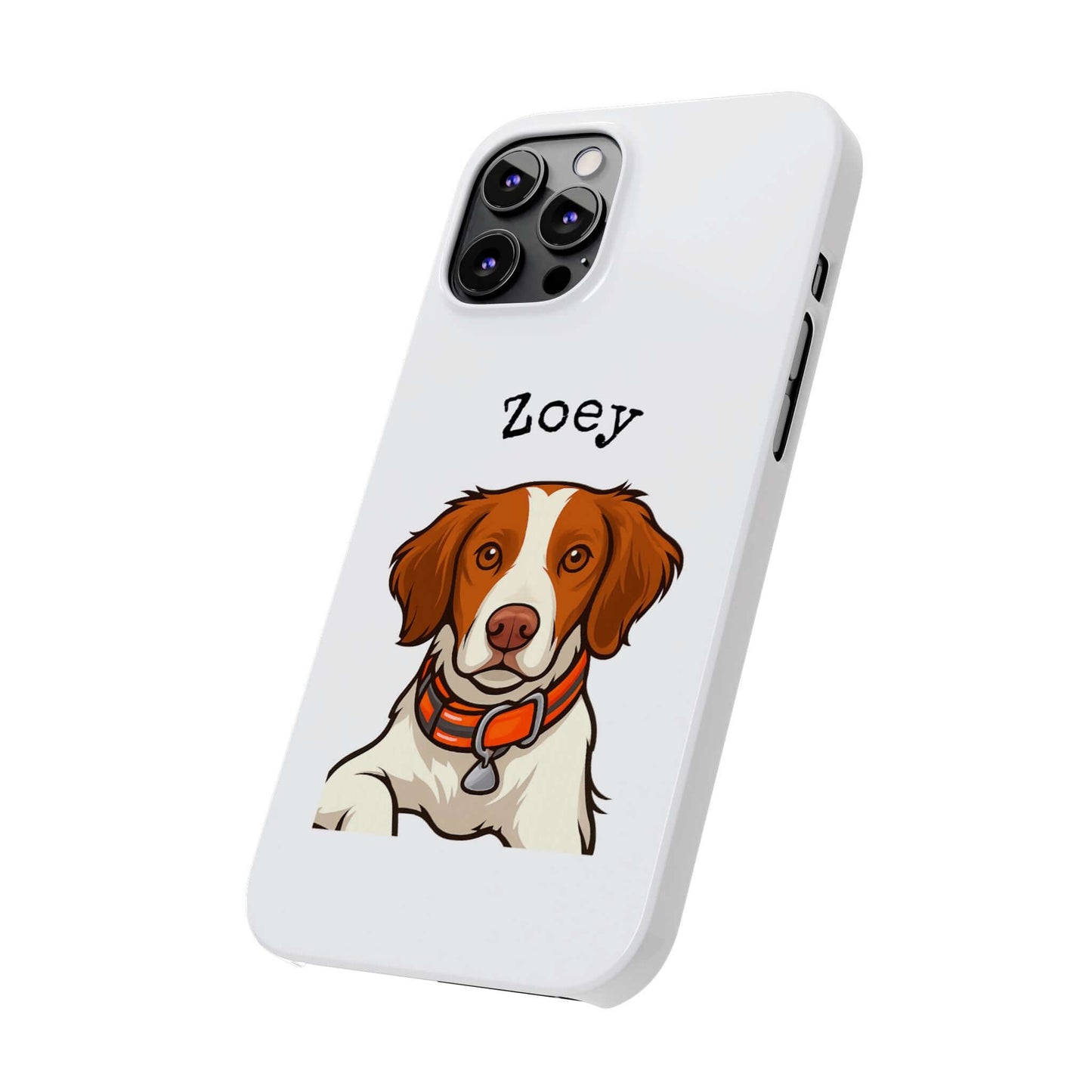 Custom cartoon dog phone case featuring a pet portrait of a dog named Zoey with a stylish design.