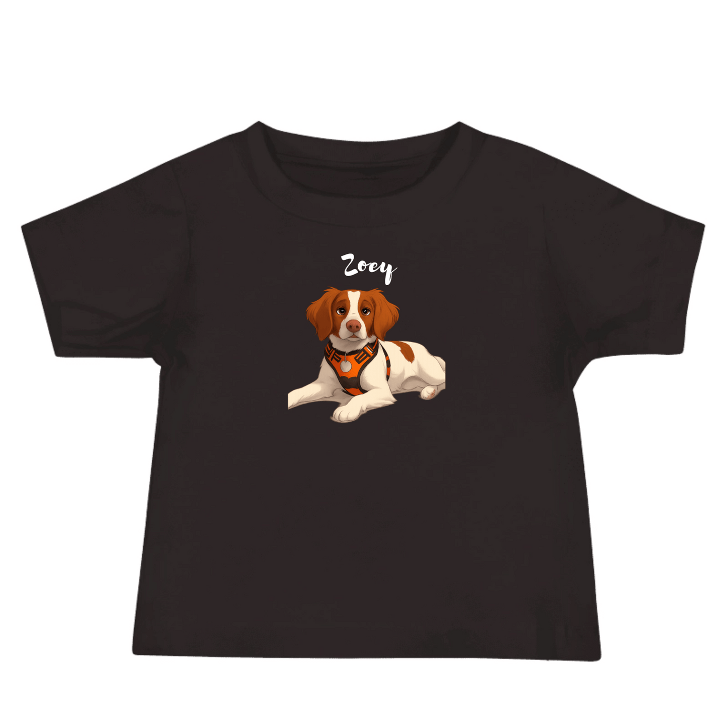 Custom baby tee featuring cartoon dog design with the name Zoey, perfect for pet lovers and unique gifts.