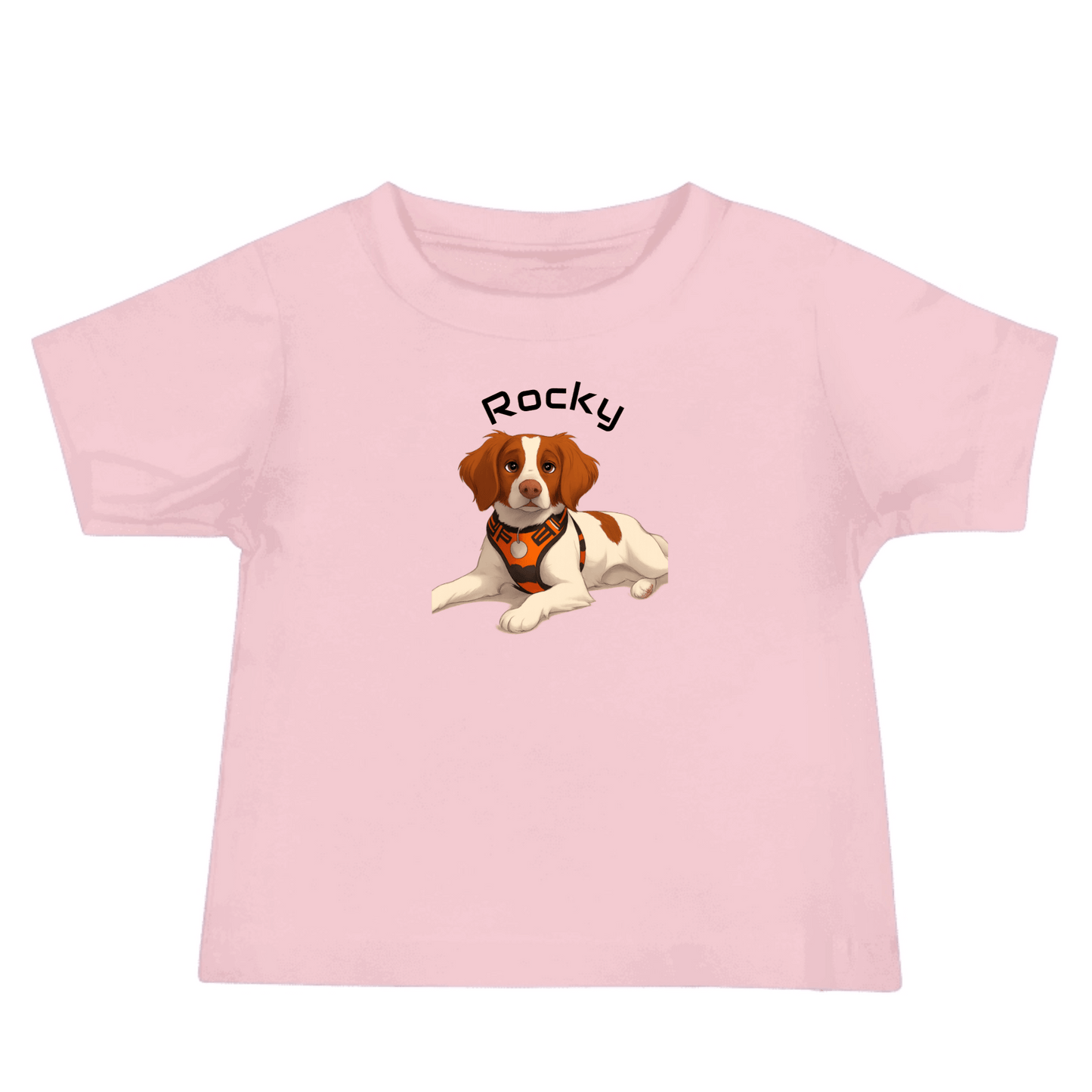 Custom cartoon pet baby shirt featuring a pink tee and an illustration of a dog named Rocky.