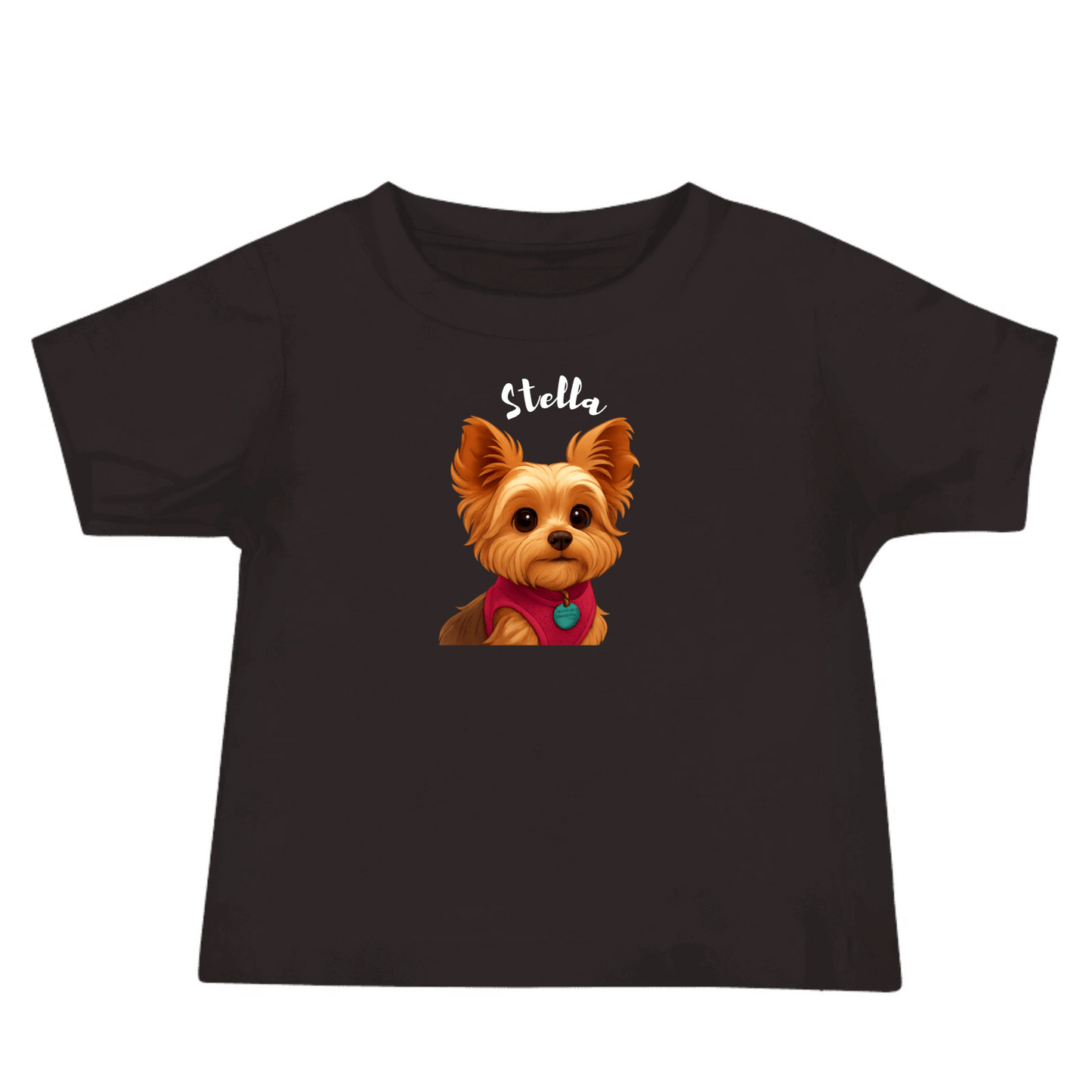Custom baby tee featuring cartoon dog named Stella, with bright colors and a cute design.