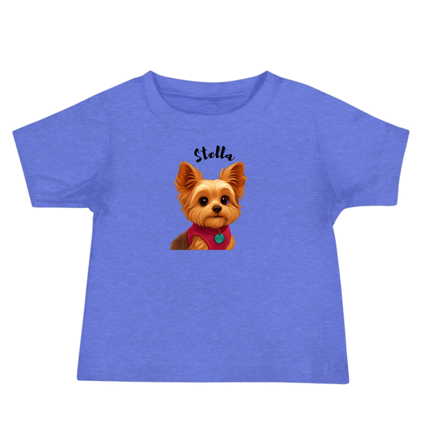 Custom baby tee featuring a cartoon dog named Stella, in soft blue cotton fabric.