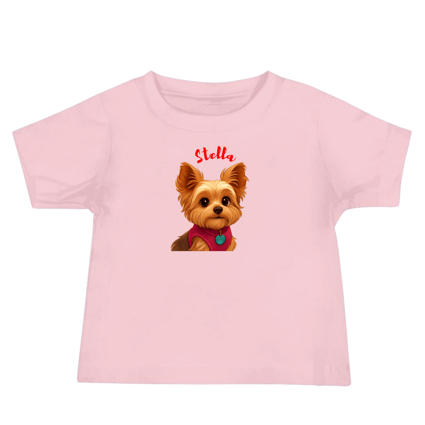 Custom cartoon pet baby shirt, pink tee featuring a cute illustration of a Yorkie named Stella.