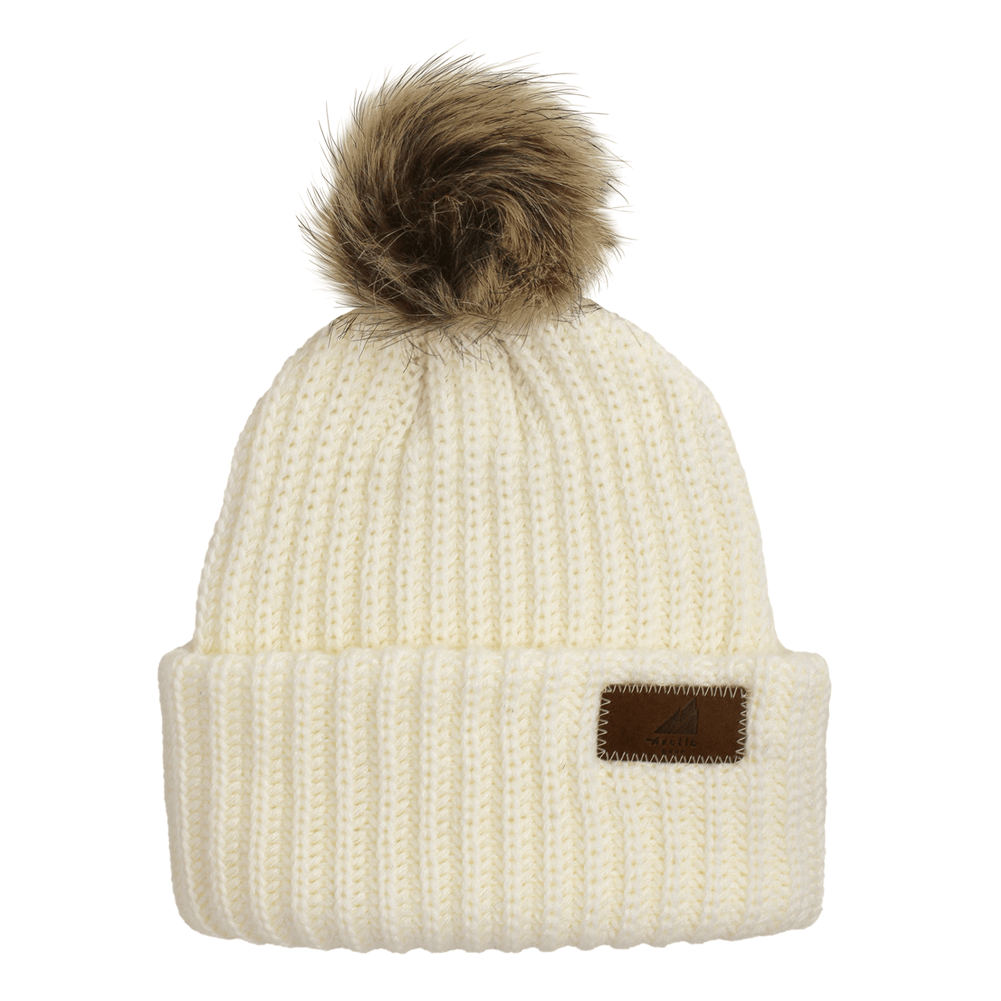 Child Acrylic Ribbed Cuff with Pom Hat – Cozy & Purposeful in cream color, featuring a stylish faux fur pom on top.