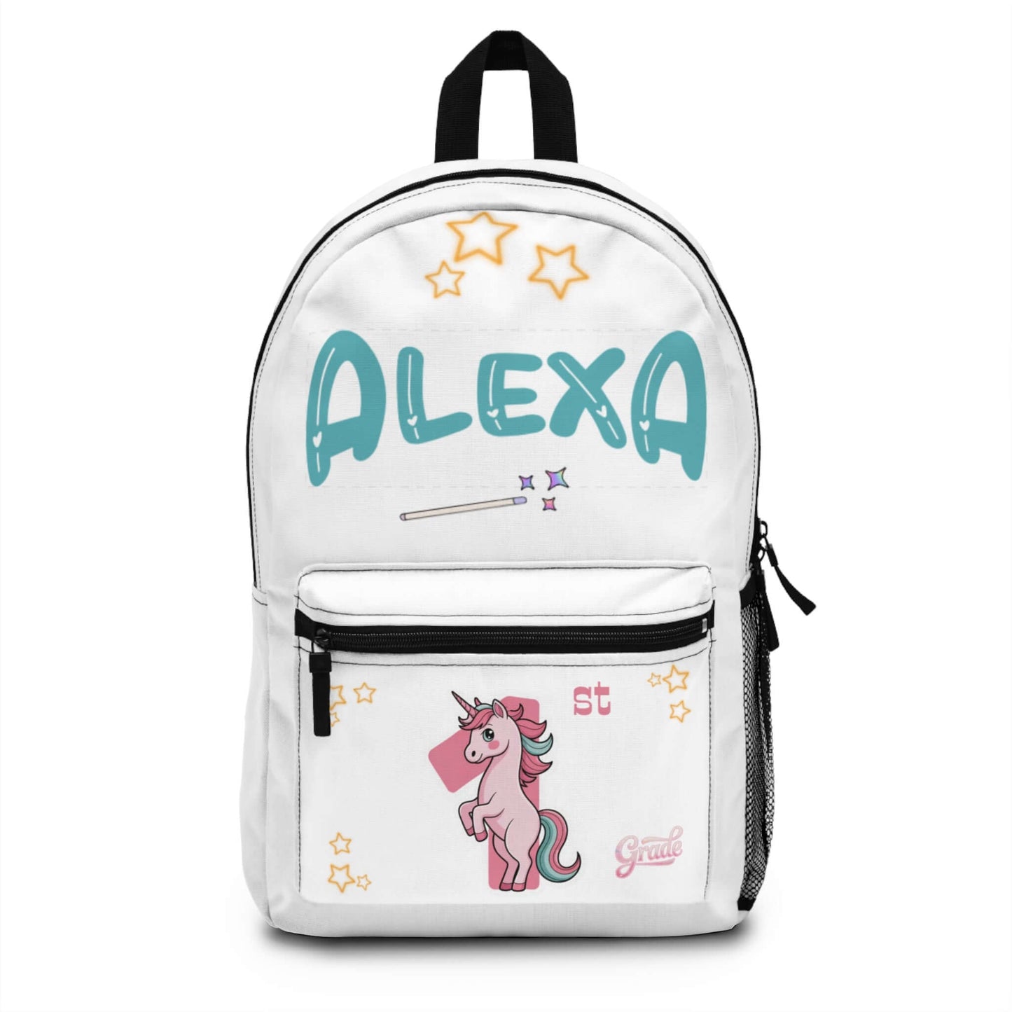Personalized unicorn kids backpack with name 'Alexa' and stars, perfect for preschool to elementary school.