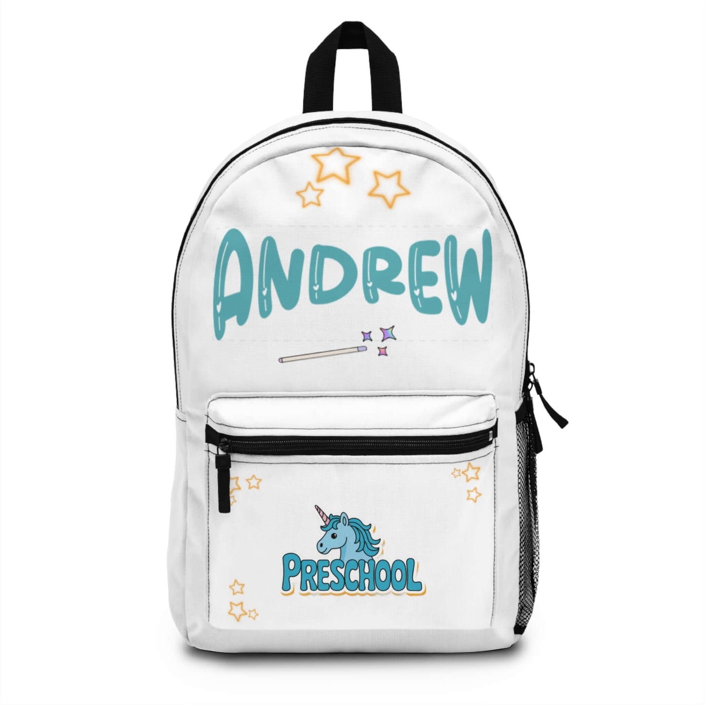 Personalized unicorn backpack for kids with the name Andrew and Preschool grade design.