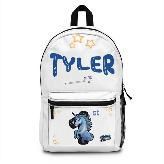 Personalized unicorn backpack for kids featuring name 'Tyler' and playful stars design, perfect for school.