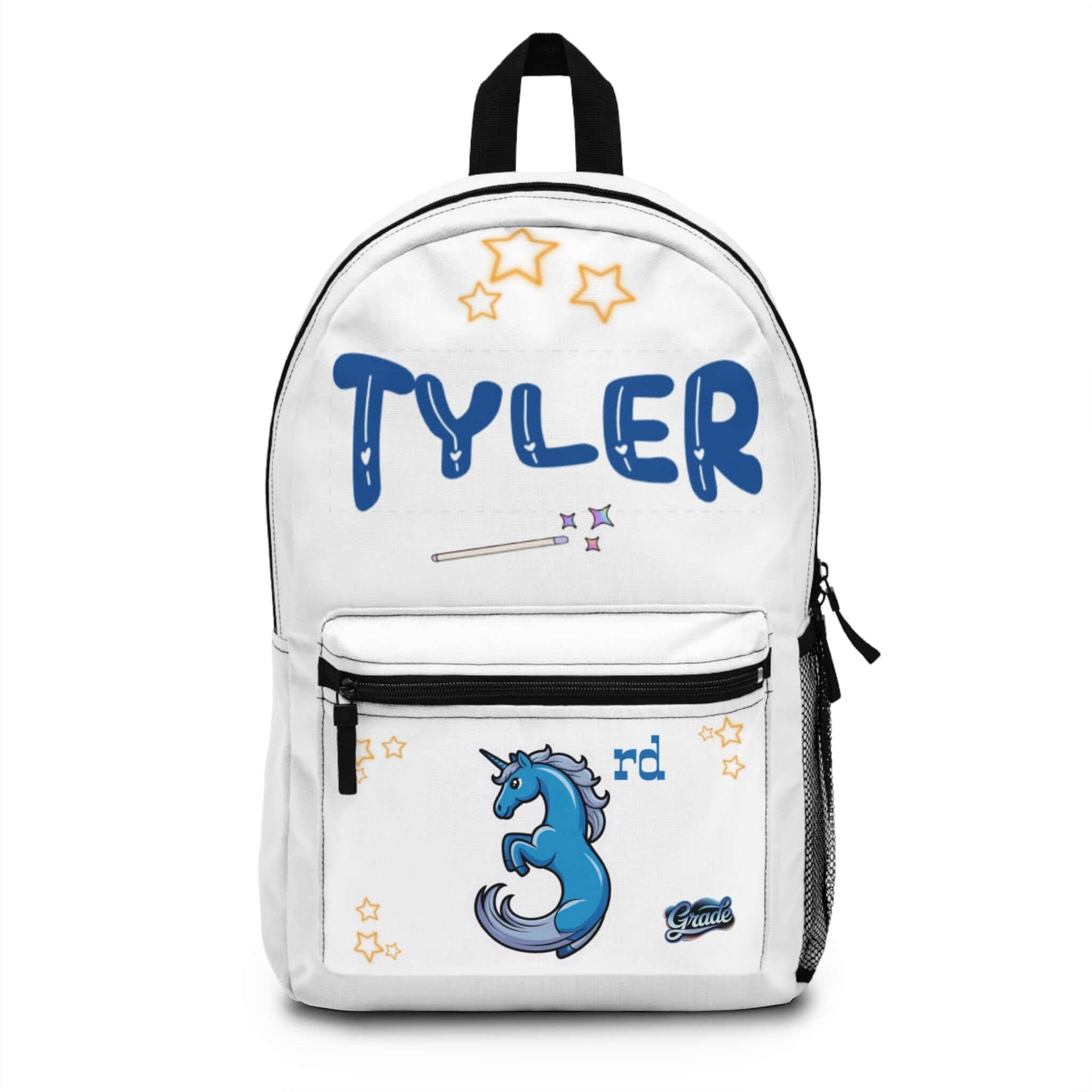 Personalized unicorn kids backpack with name 'Tyler' and '3rd' grade, perfect for school adventures.