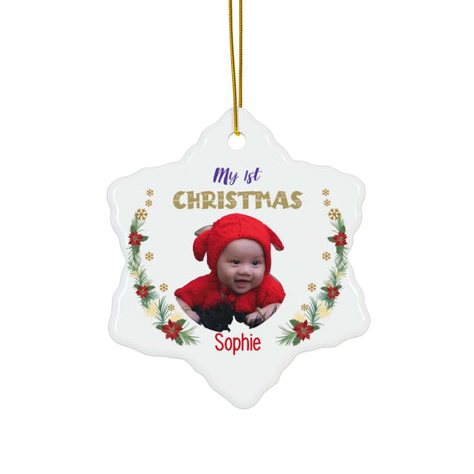 My 1st Christmas Ornament – Custom Photo in 4 Shapes featuring a baby in a red outfit and festive decorations.