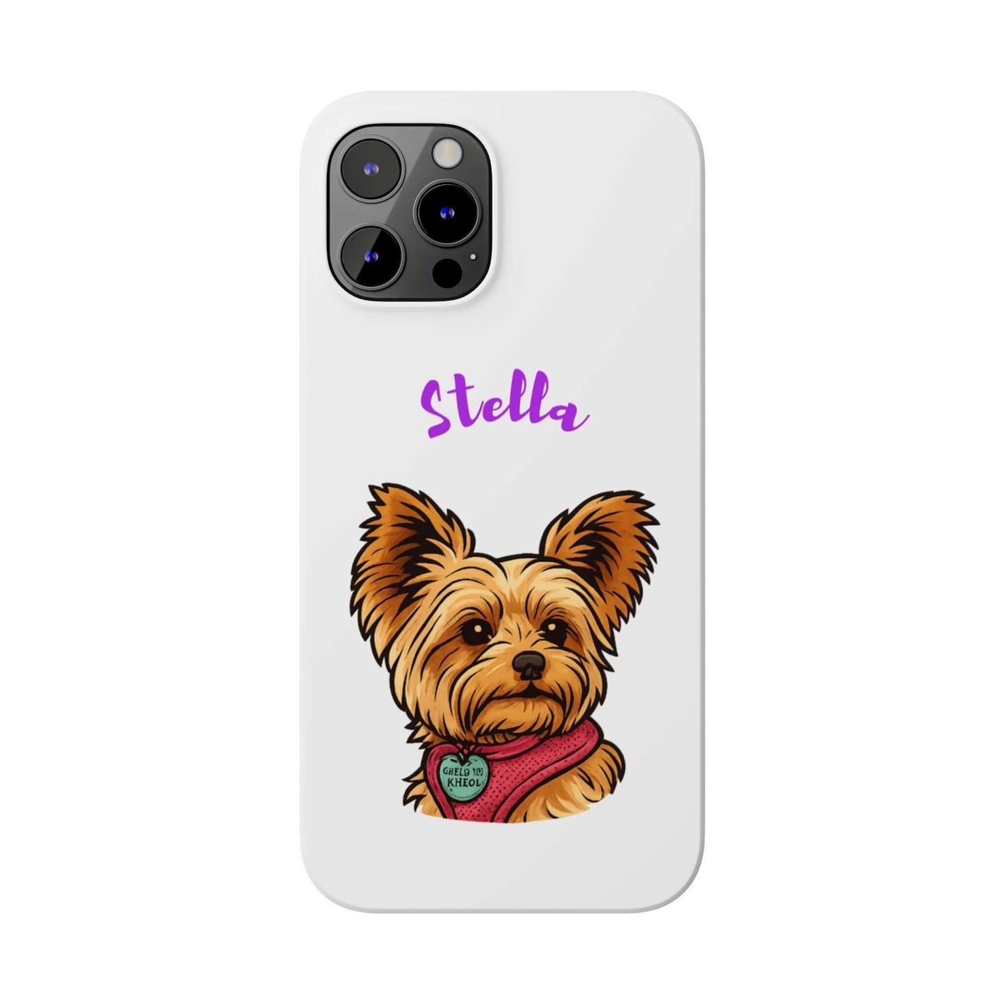 Custom cartoon dog phone case featuring a Yorkie named Stella with a vibrant glossy finish.