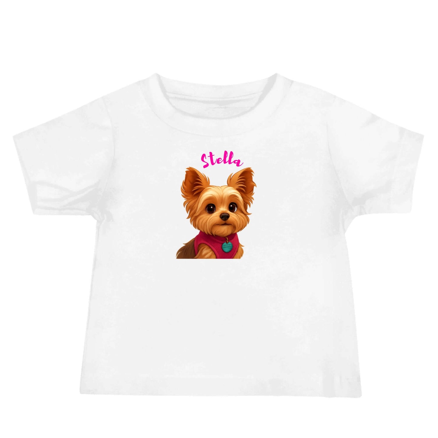 Custom cartoon pet baby shirt featuring a cartoon dog named Stella in Disney-inspired style.