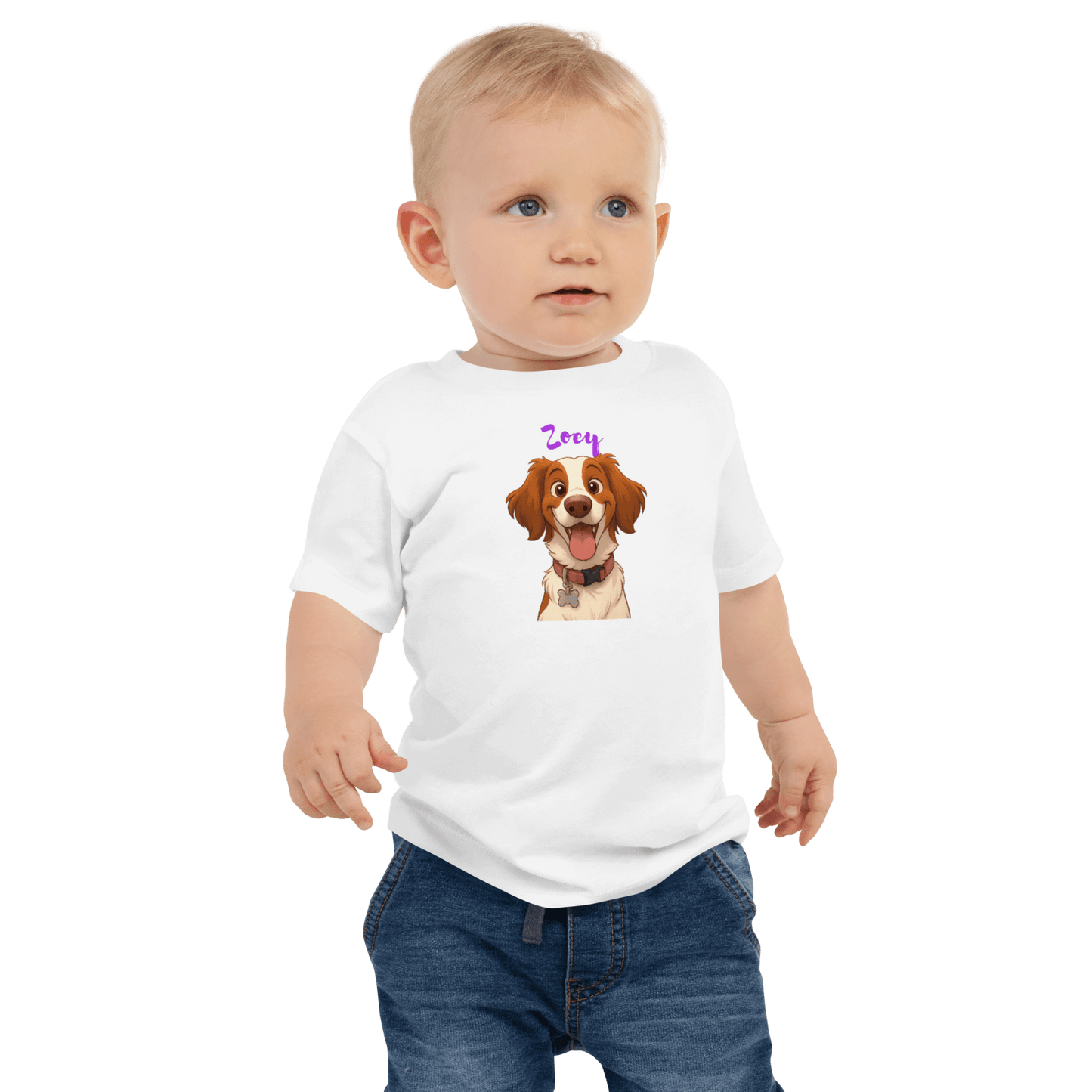 Baby wearing a custom cartoon pet tee with a dog's image and name Zoey, perfect for pet lovers.