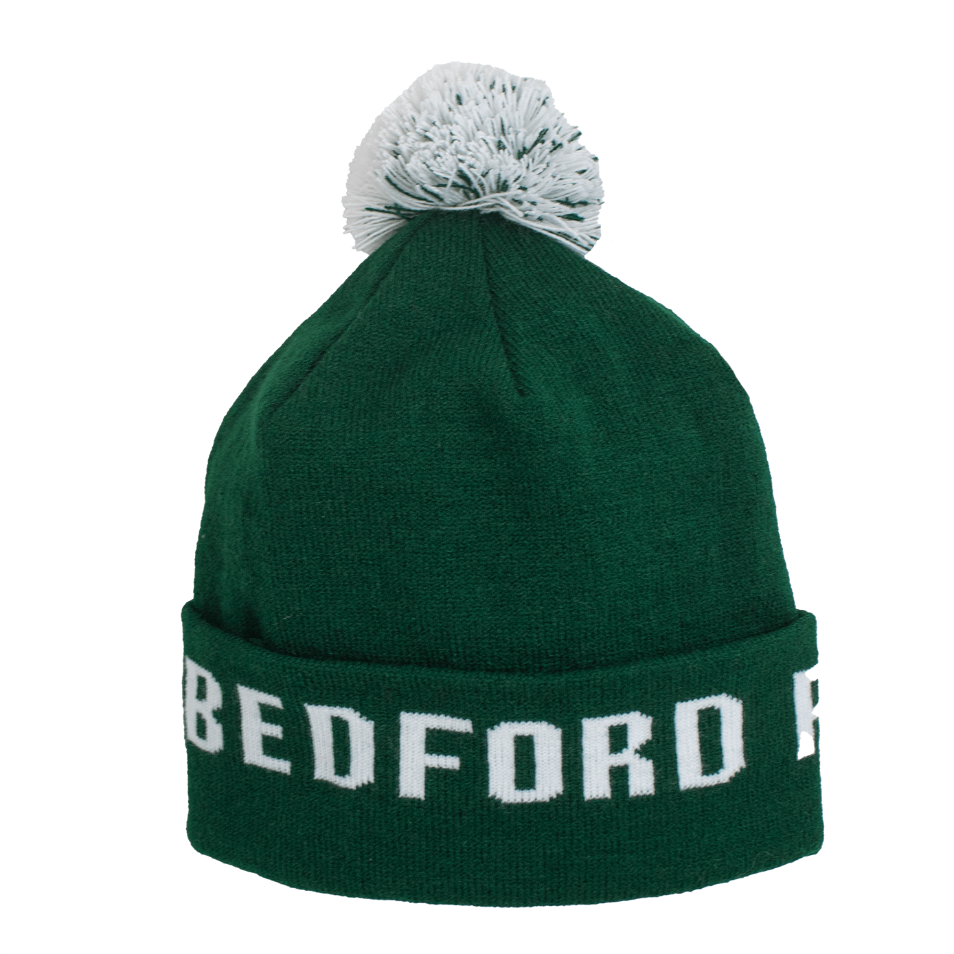 Adult Limited Edition Hat – Bedford Falls Beanie in green featuring a pom-pom and Bedford Falls designs.