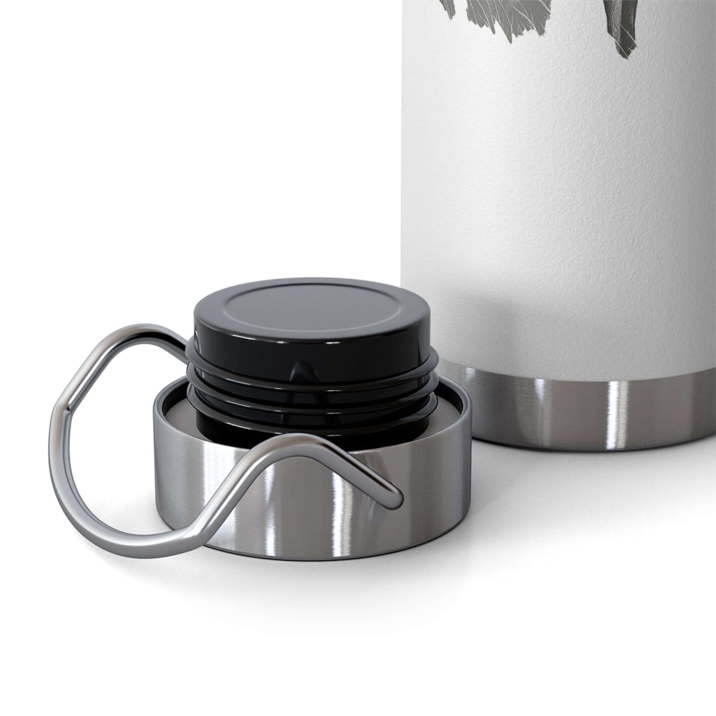 Close-up of the stainless steel cap and lid of a personalized fisherman and dog insulated bottle.
