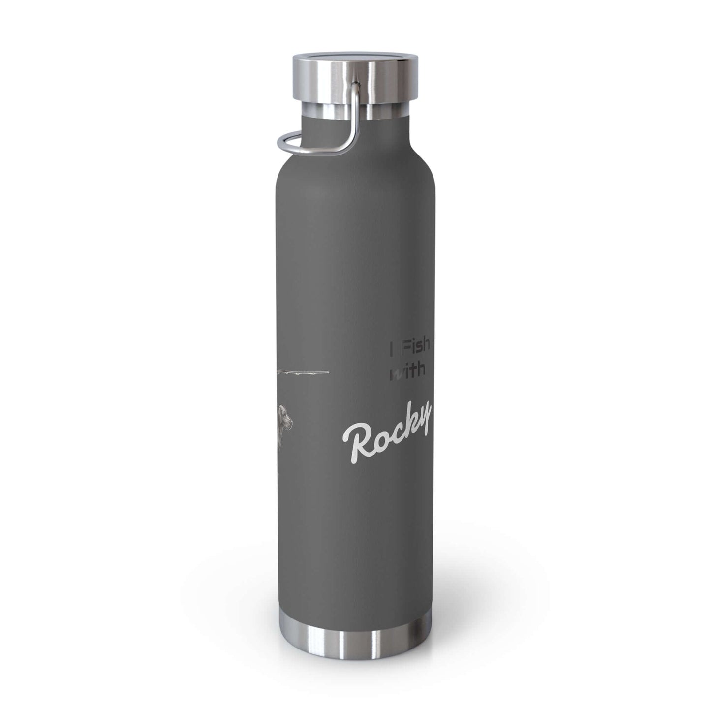 Personalized copper insulated bottle for fishermen featuring custom graphic and sleek design.