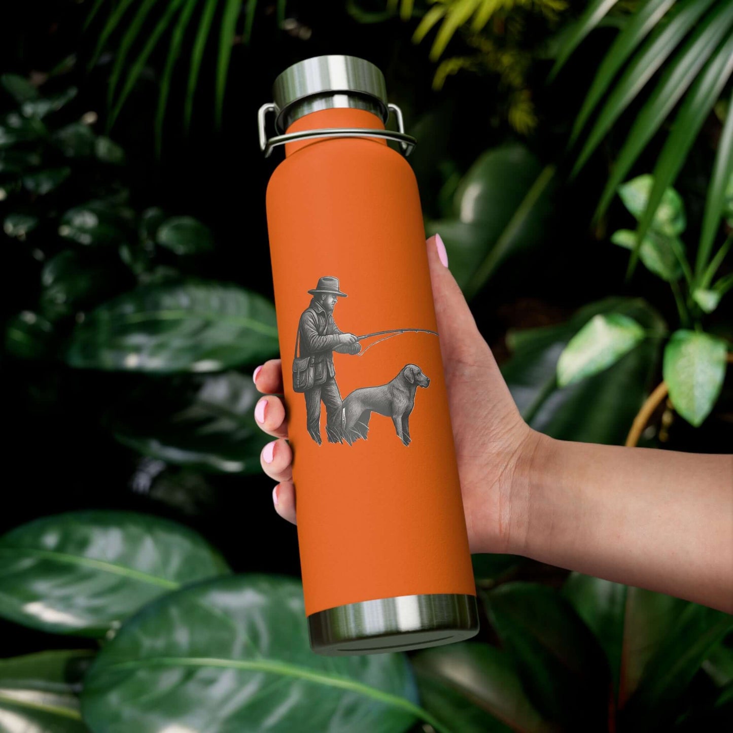 Personalized copper insulated bottle featuring a fisherman and dog graphic, perfect for outdoor adventures.