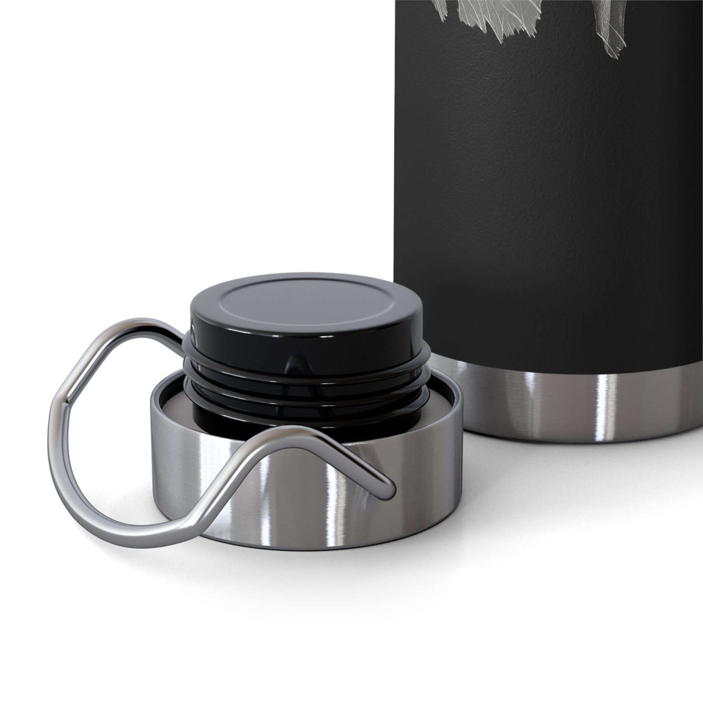 Close-up of the lid of a personalized copper insulated bottle designed for fishermen and their dogs.