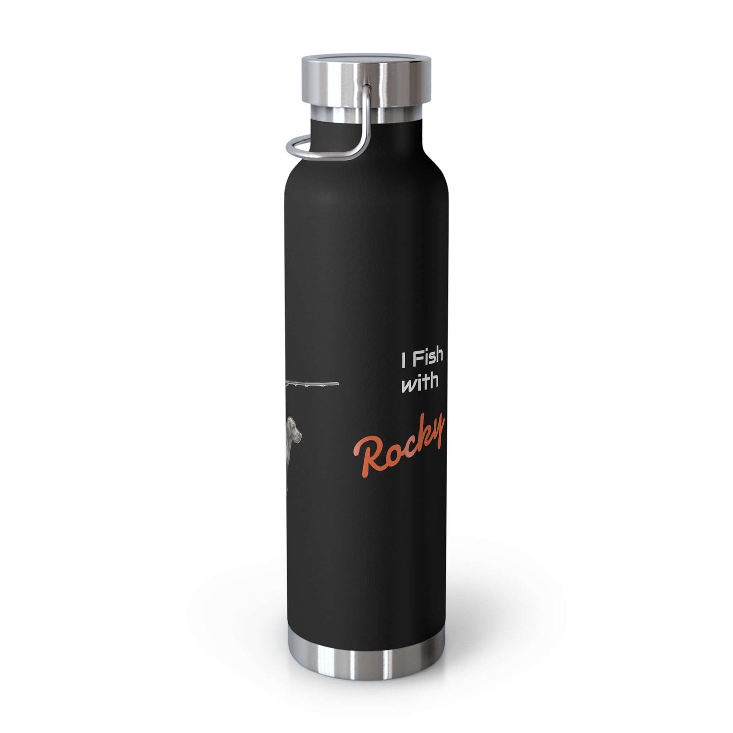 Personalized insulated bottle featuring 'I Fish with Rocky' design for outdoor enthusiasts.
