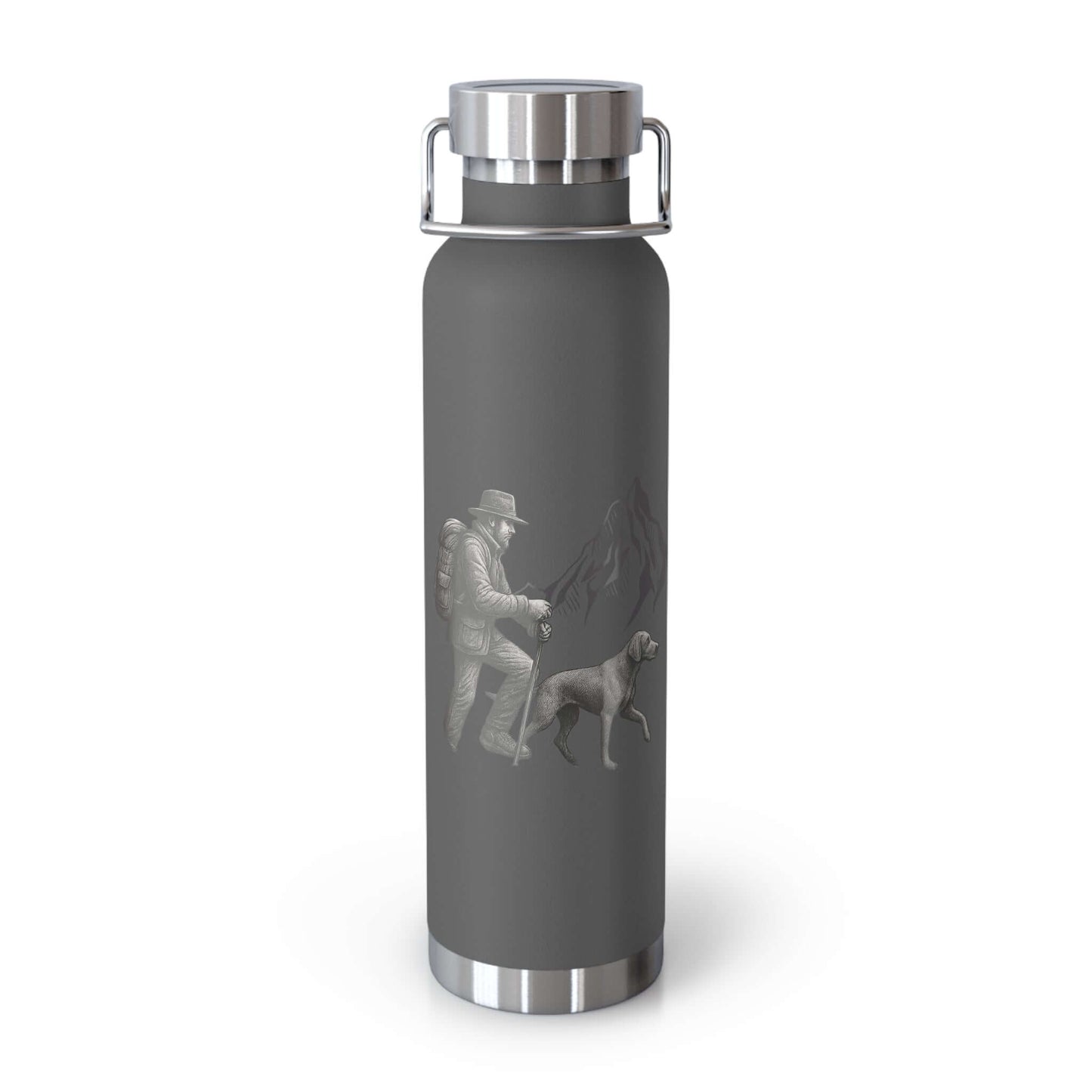 Personalized hiking bottle featuring an outdoor design with a hiker and dog, perfect for adventures.