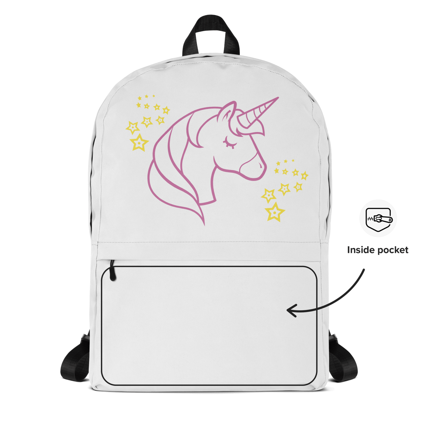 Unicorn Dreams Backpack featuring whimsical unicorn design and star accents, water-resistant and laptop-ready.