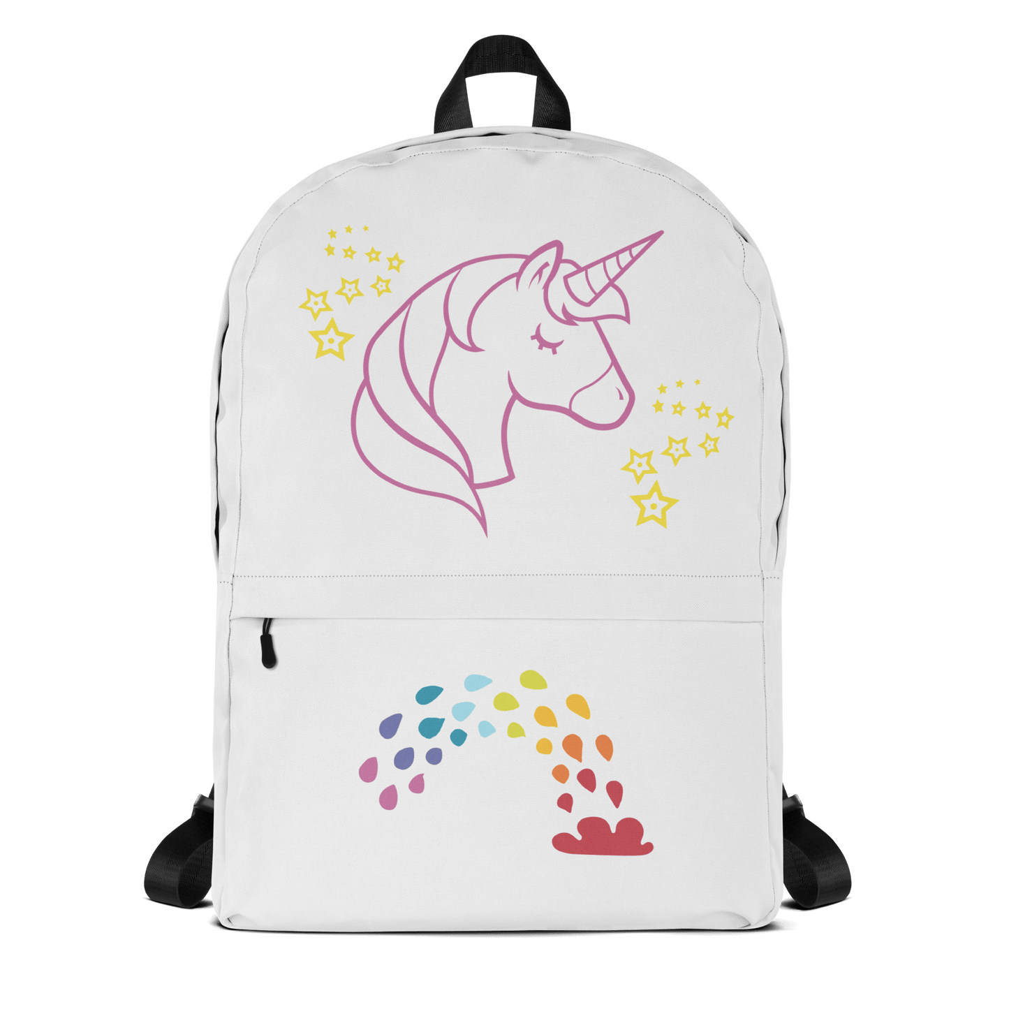 Unicorn Dreams Backpack featuring whimsical unicorn design and rainbow accents, water-resistant and laptop-ready.