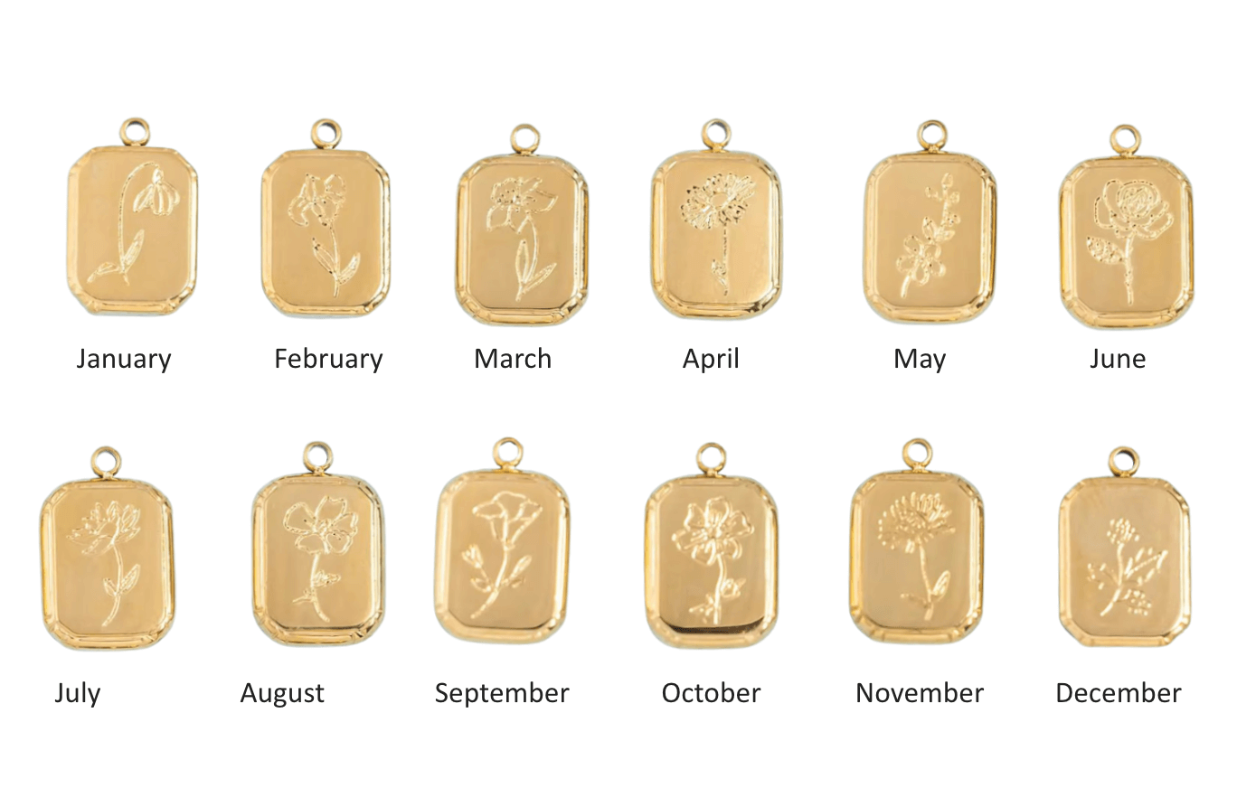 Audrey Birth Flower Necklace – Engraved 18k Gold Over Brass showcasing flower pendants for each month.