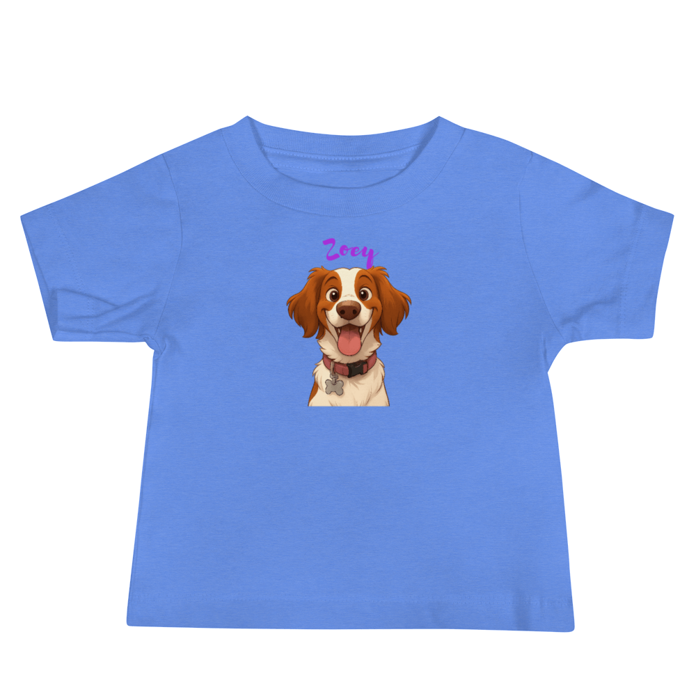 Custom baby tee featuring a cartoon dog named Zoey in a playful Disney-inspired design on a blue shirt.