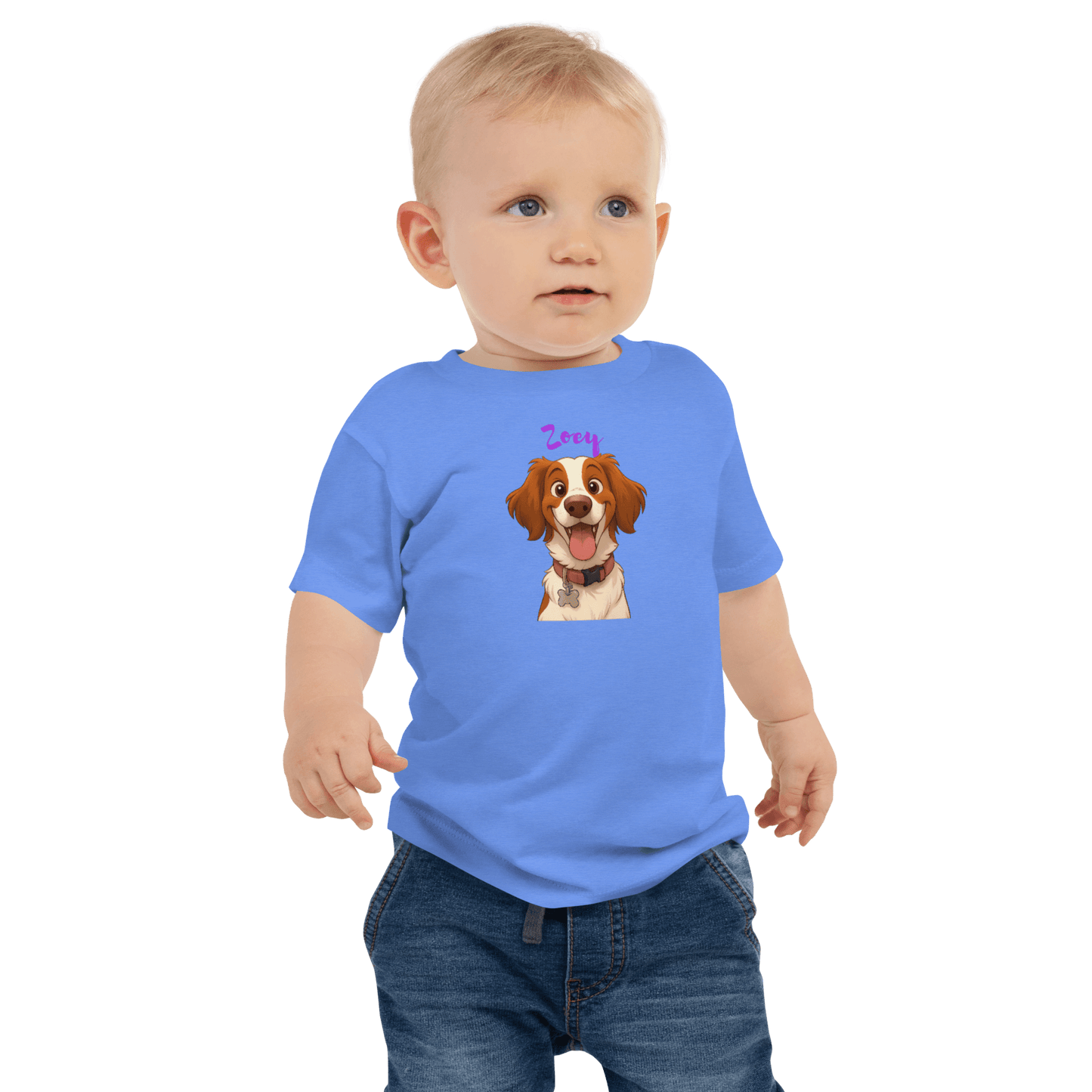 Toddler wearing a blue custom cartoon pet baby shirt featuring a happy dog design and the name Zoey.