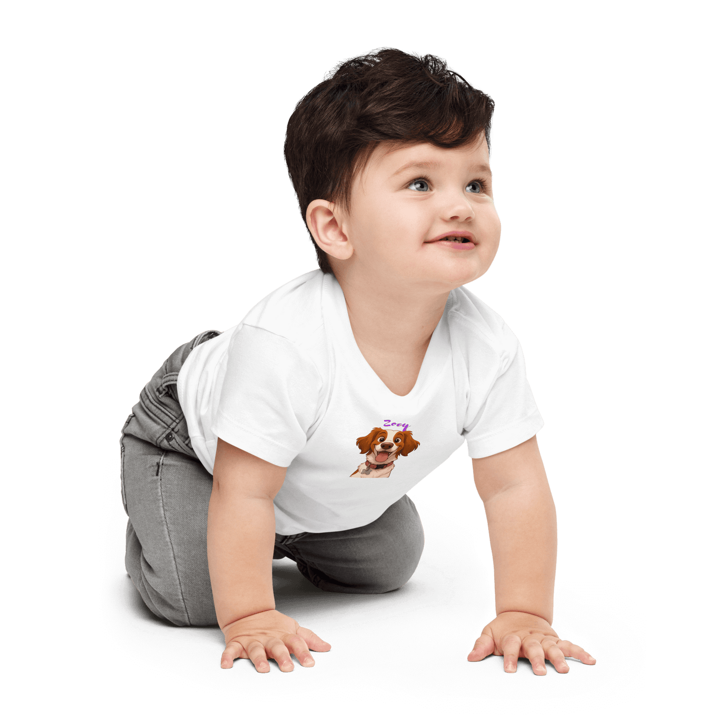 Baby boy crawling in a custom cartoon pet shirt, featuring a cute dog design and personalized pet name.
