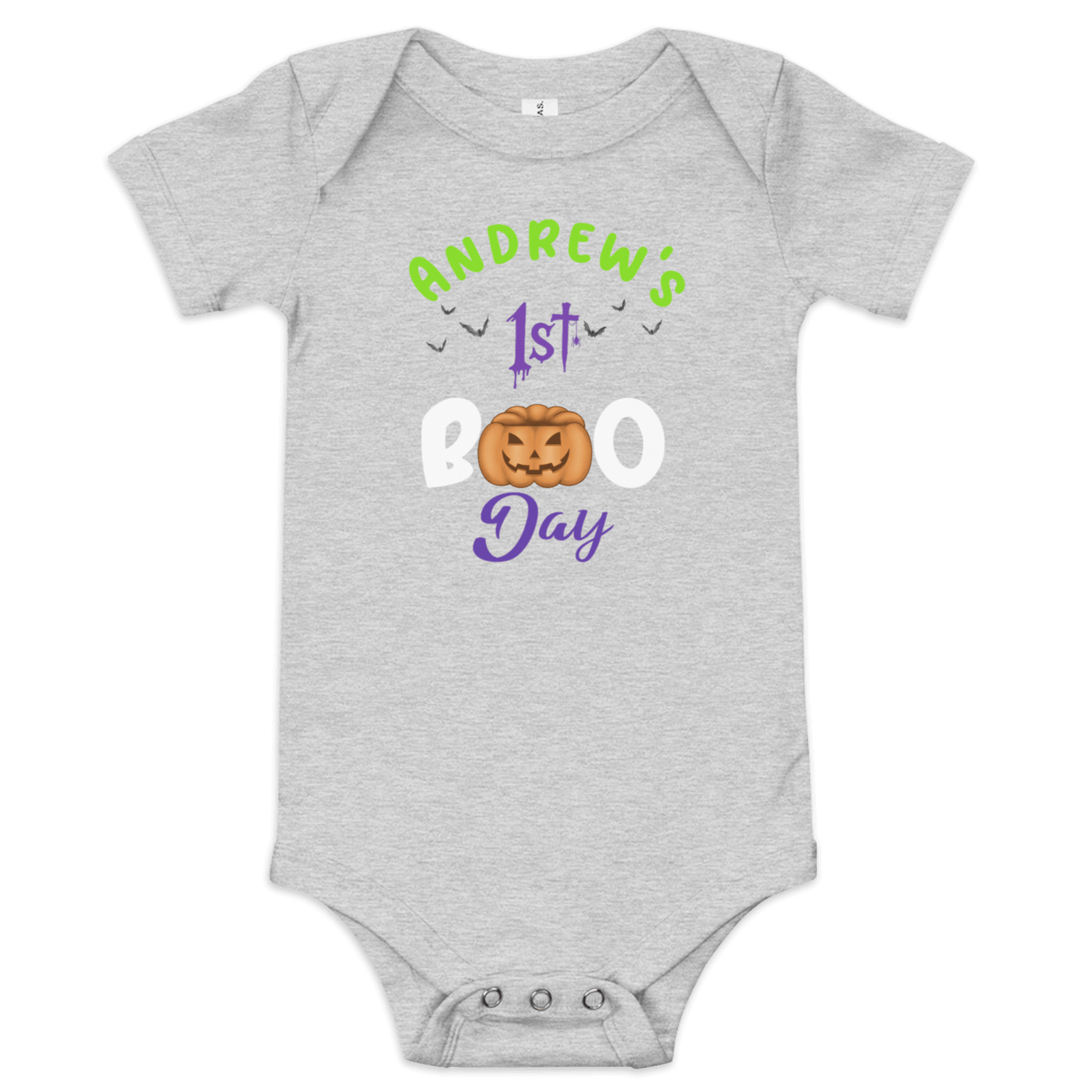 Personalized gray baby bodysuit for 1st Halloween with pumpkin design and custom name option.