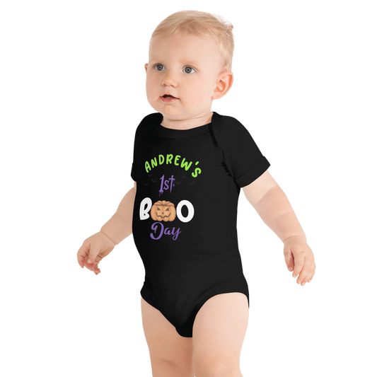 Personalized baby Halloween bodysuit for Andrew featuring spooky text and pumpkin design.