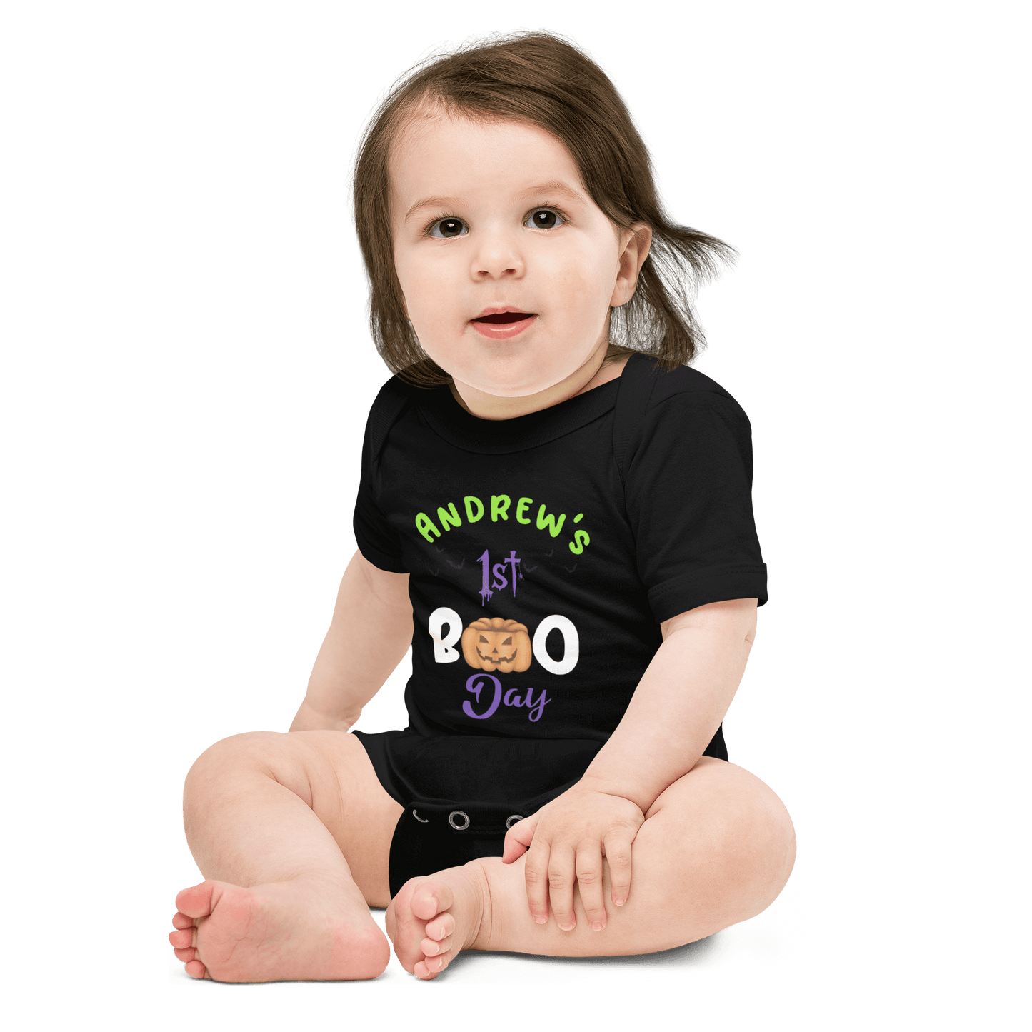 Personalized baby bodysuit featuring 'Andrew's 1st Boo Day' with a playful pumpkin design for Halloween.