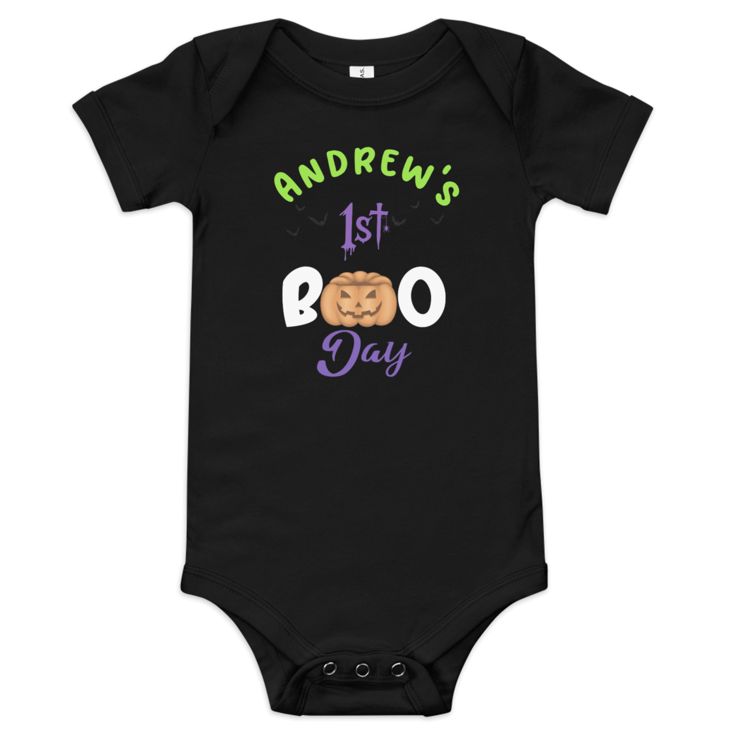 Personalized black baby bodysuit for 1st Halloween, featuring pumpkin graphic and spooky text.