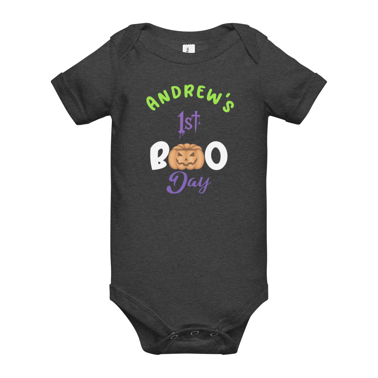 Personalized baby bodysuit for 1st Halloween with pumpkin design and spooky text in vibrant colors.